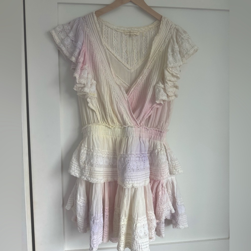 Love shack fancy tie dye ruffle mini dress